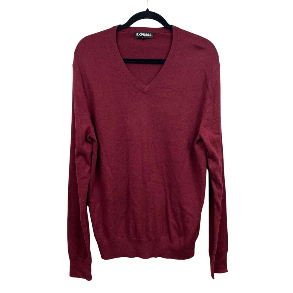 Express Mens Cashmere Blend Knit Sweater V Neck Ribbed Hem Red Burgundy Size L*